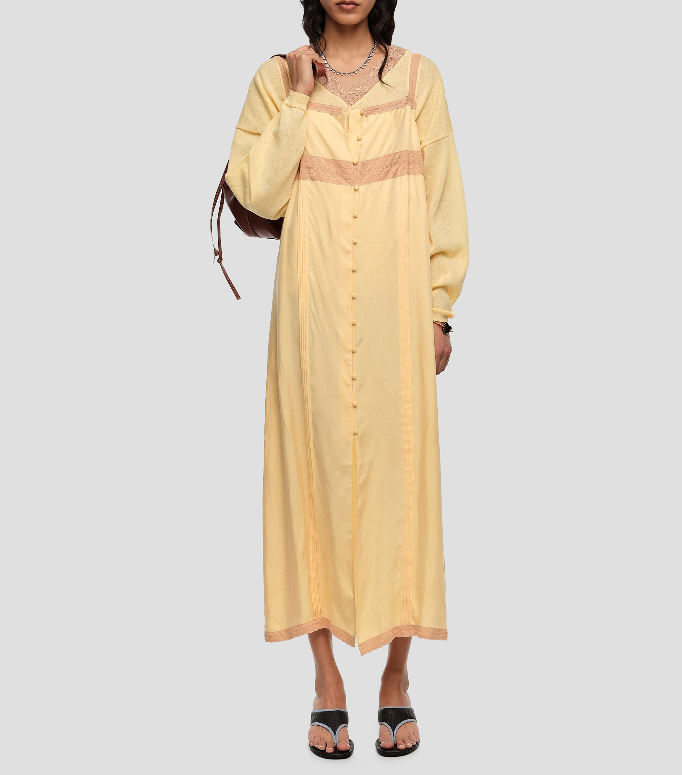 Vestido línea A botones y encajes amarillo Mujer